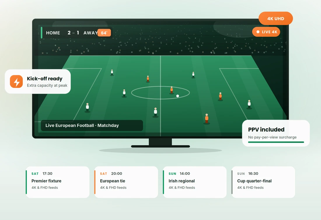 Sports IPTV Ireland streaming live European football in 4K UHD on a big screen